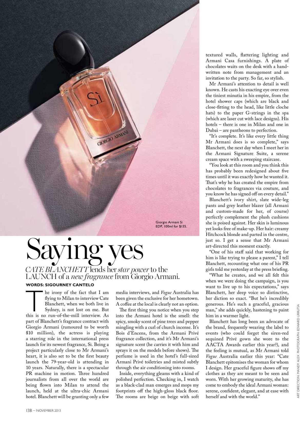 Interviewing Cate Blanchett in Milan for Giorgio Armani — tearsheet