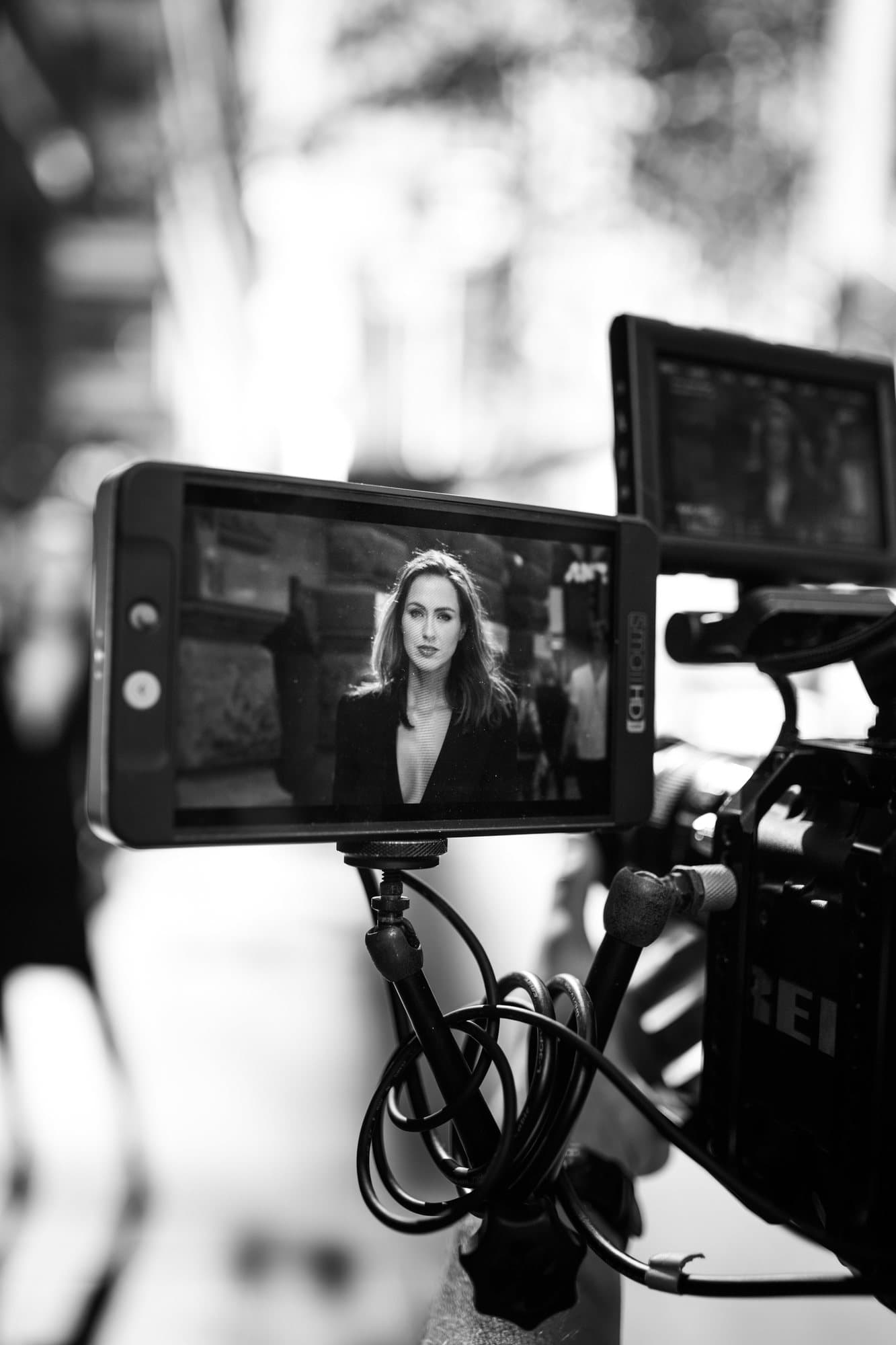 Behind the scenes on set with Sigourney Cantelo, shown on the camera monitor